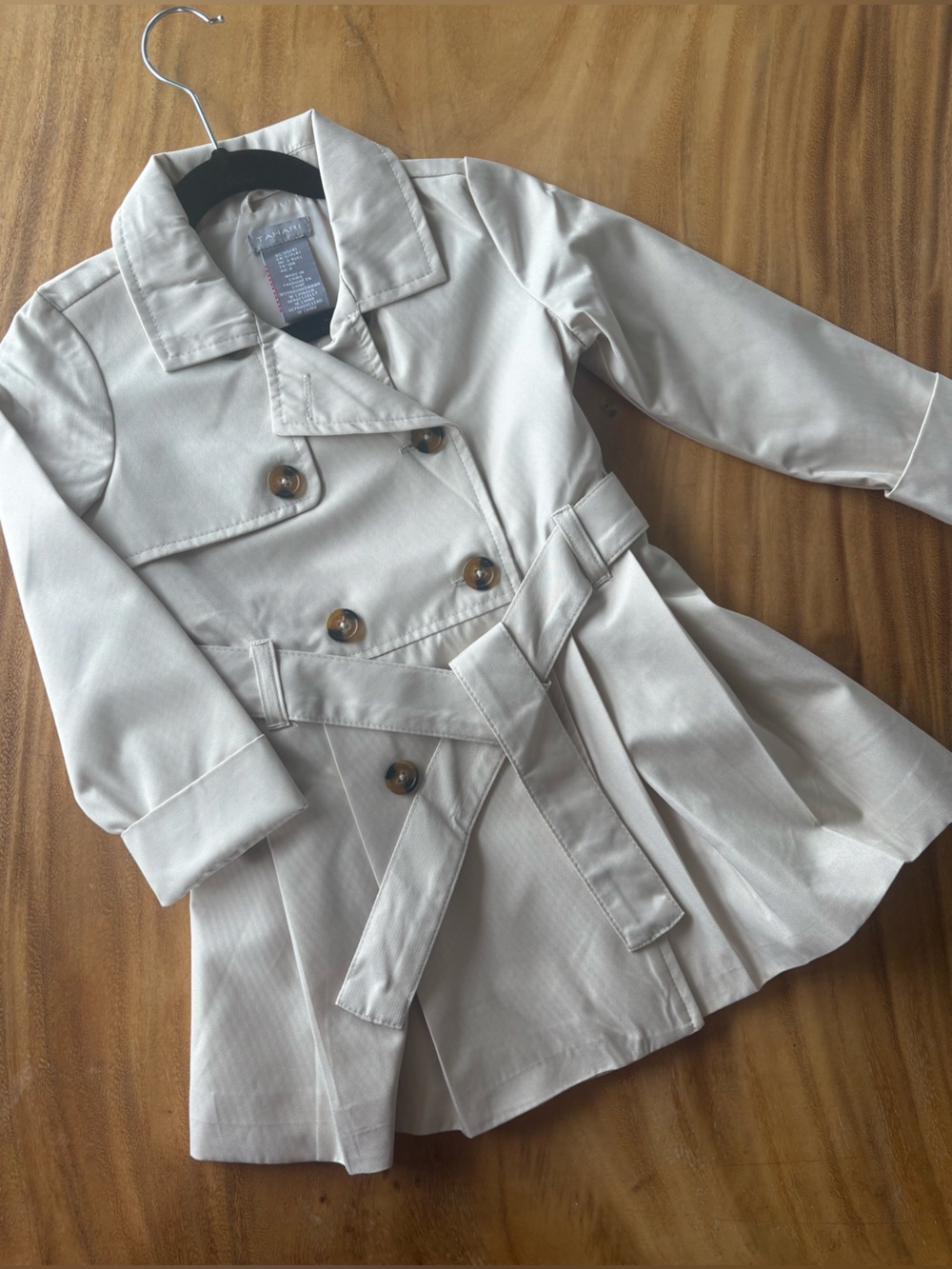 NWOT • Tahari Cream Double-Breasted Kids Pea Coat with Belt 4T